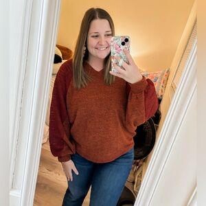 Haptics Rust V-Neck Bubble Sleeve Sweater